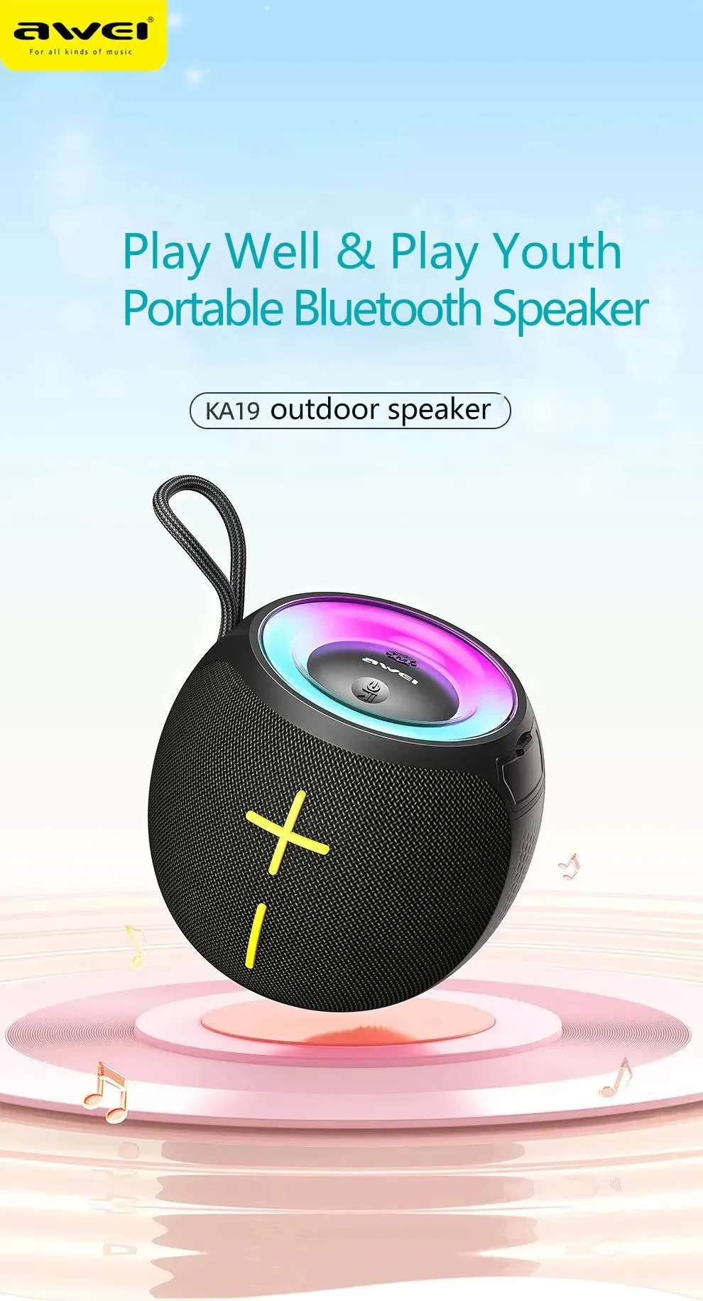 Awei KA19 Portable Bluetooth Speaker with Colorful LED Light and Waterproof Design