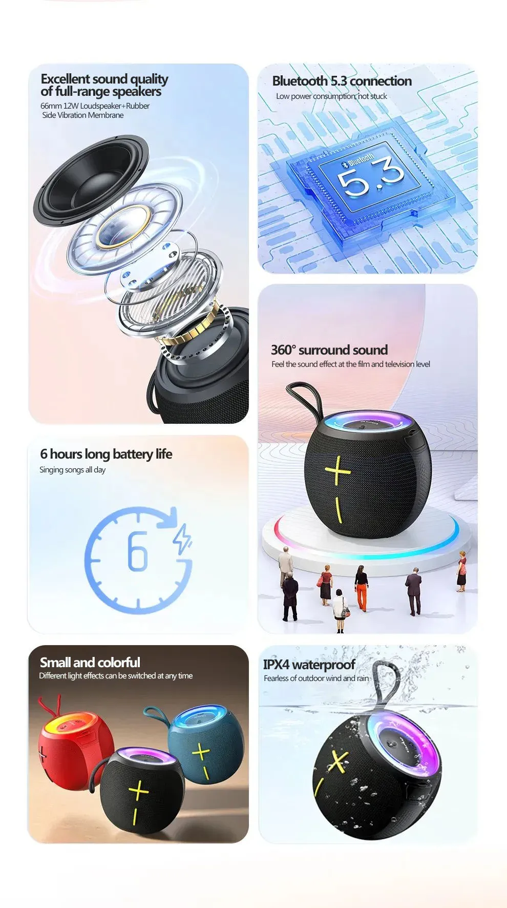Awei KA19 Bluetooth Speaker – 360° Sound, Bluetooth 5.3, 6H Playtime, Waterproof, LED Light