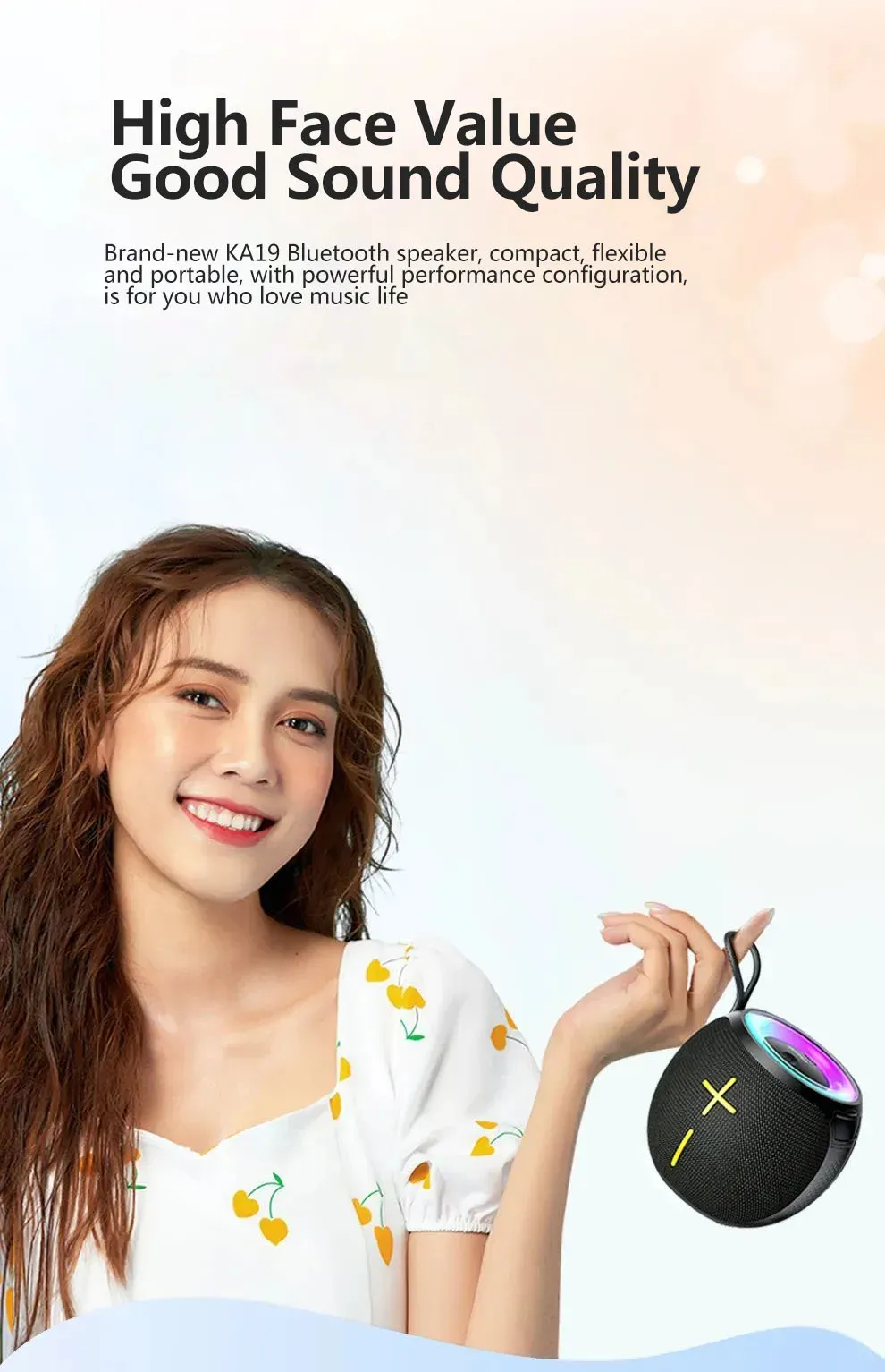 Girl holding Awei KA19 Portable Bluetooth Speaker with LED light and compact design