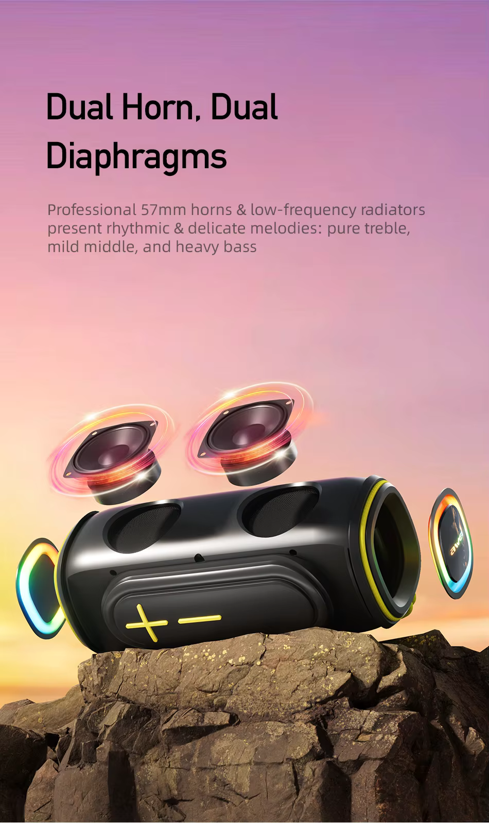 Awei KA5 Portable Speaker with dual 57mm horns and vibrating diaphragm for enhanced bass