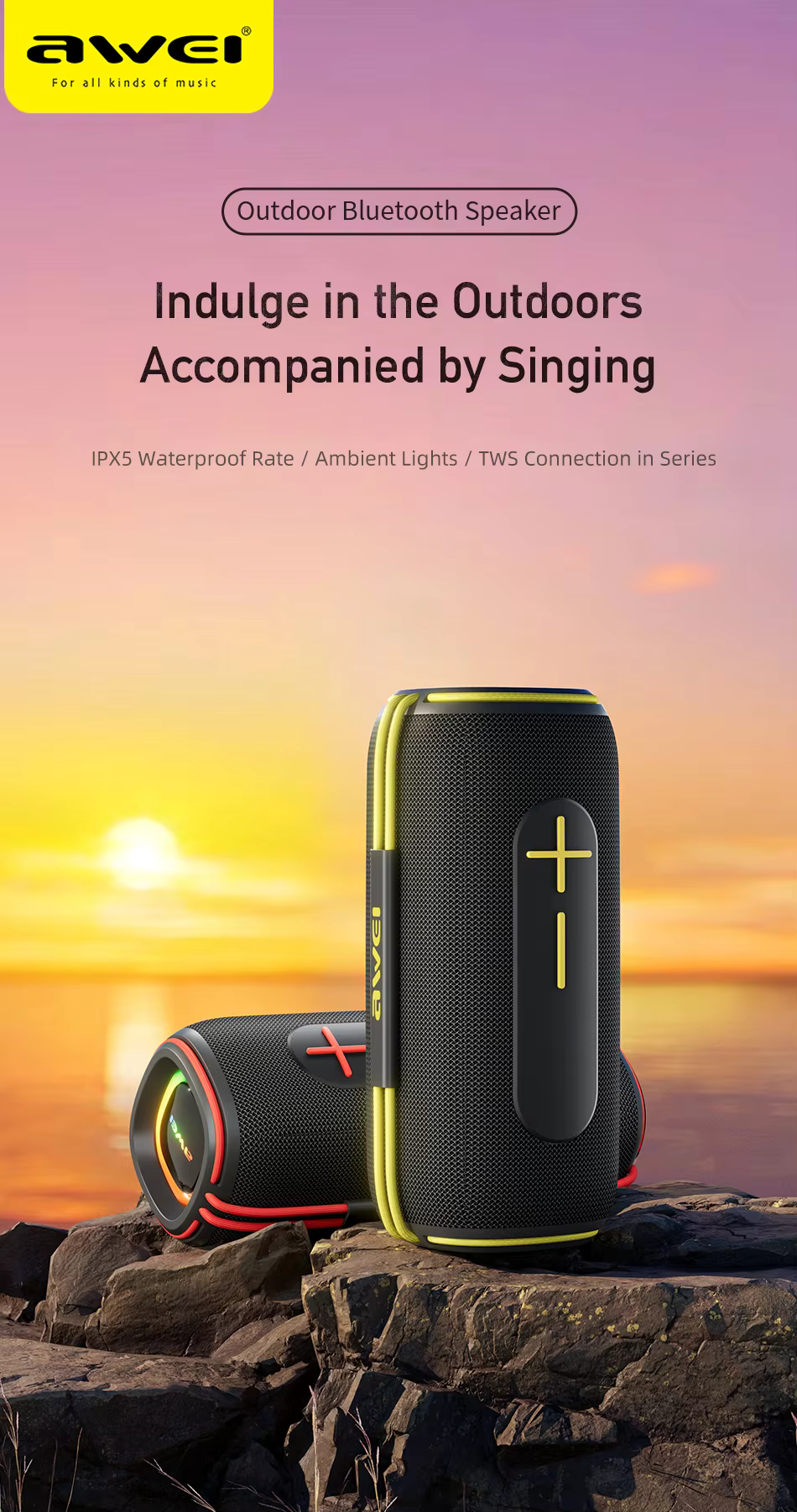 Awei KA5 Outdoor Bluetooth Speaker with ambient RGB lights, TWS pairing and waterproof rating