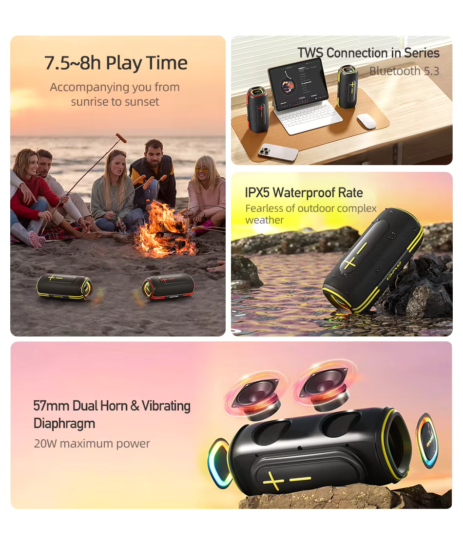Awei KA5 wireless Bluetooth speaker features TWS dual pairing, waterproof IPX5, 20W output, and RGB lights