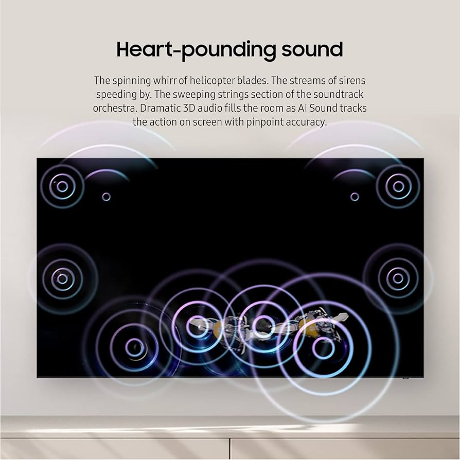 A close-up of Samsung’s 8K TV showing dynamic audio features, enhancing the viewing experience with 3D sound.