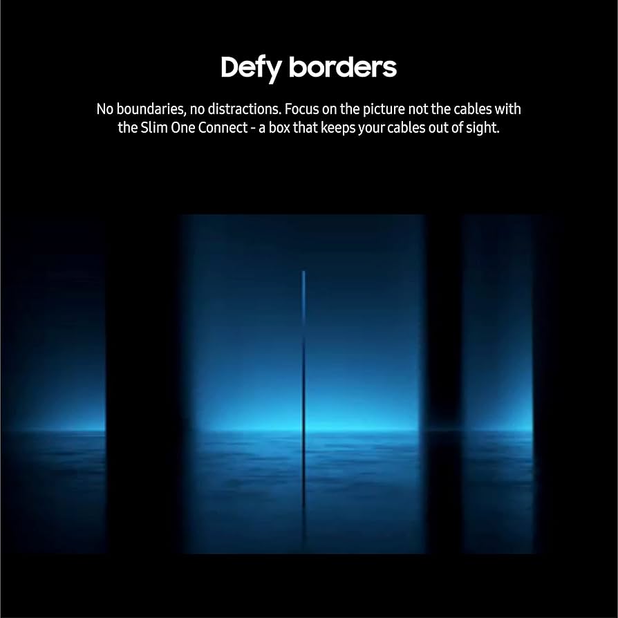 Samsung’s 8K TV demonstrating slim design with minimal cable visibility, featuring the Slim One Connect box.