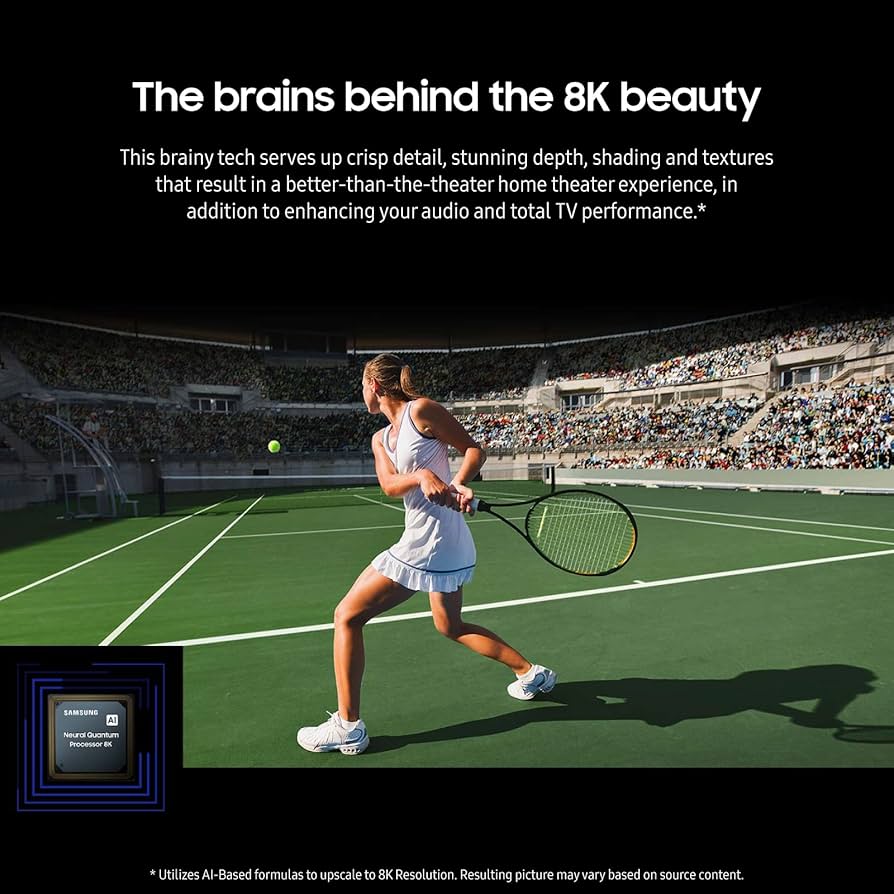 A promotional image for Samsung’s 8K TV, showcasing high-quality sports visuals with AI-enhanced sound.