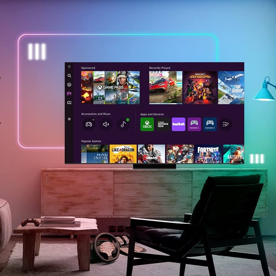 A sleek, modern living room featuring a smart TV with a colorful gaming interface.