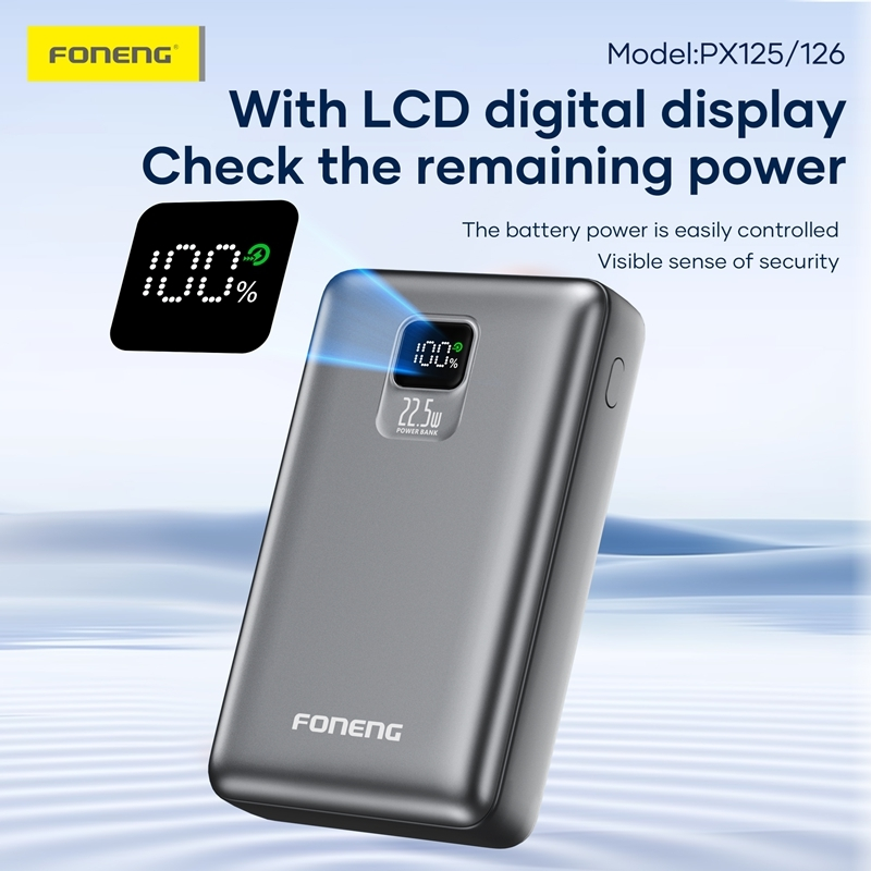 Foneng PX125 PX126 10000mAh power bank with LCD digital display showing battery percentage